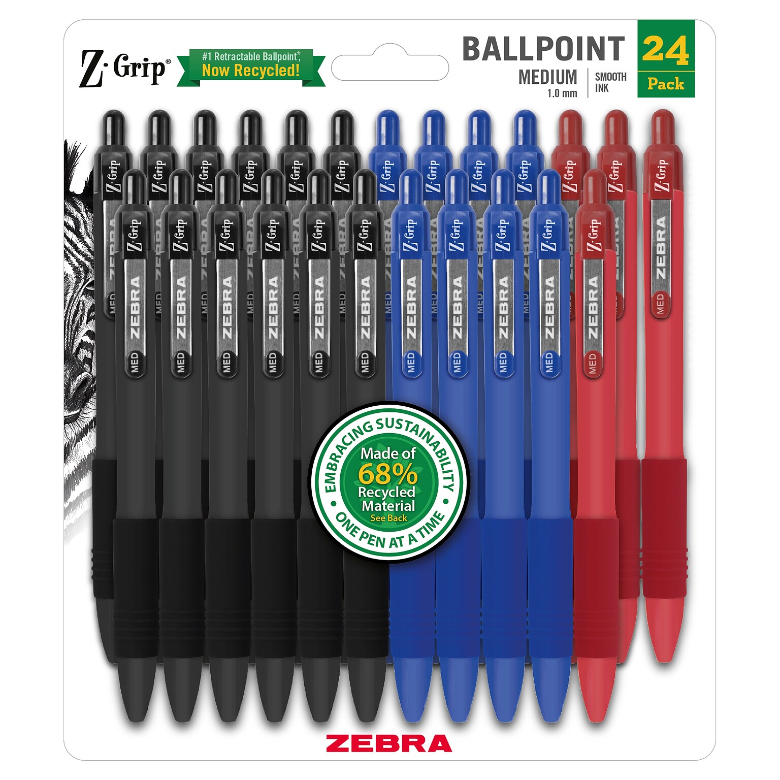Zebra Z-Grip Ballpoint Pens, Medium Point, 1.0mm, Assorted Ink, 24/Pack (20620)