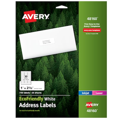Avery EcoFriendly Laser/Inkjet Address Labels, 1 x 2-5/8, White, 750 Labels/Pack (48160)