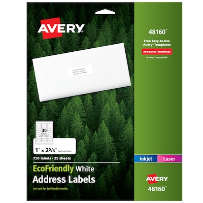 Avery EcoFriendly Laser/Inkjet Address Labels, 1 x 2-5/8, White, 30 Labels/Sheet, 25 Sheets/Pack (