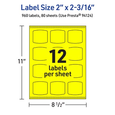 Avery Laser/Inkjet Arched Square Multipurpose Labels, 2" x 2-3/16", Neon Yellow, 960/Box (94124)