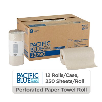 Pacific Blue Basic Recycled Paper Towels, 2-ply, 250 Sheets/Roll, 12 Rolls/Carton (28290)