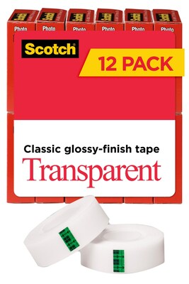 Scotch Transparent Clear Tape Refill, 0.75 x 27.77 yds., 1 Core, Clear, 12 Rolls/Pack (600K12)
