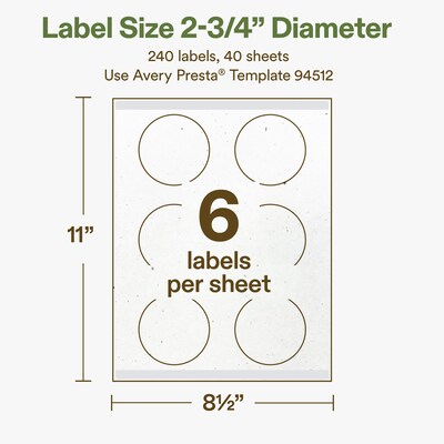 Avery Hemp Round Laser/Inkjet Multipurpose Labels, 2-3/4" Dia, Off-White (240/Box)