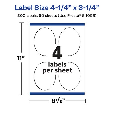 Avery Laser/Inkjet Multipurpose Oval Labels, 3.25" Dia, Glossy Clear, 200/Box (94059)