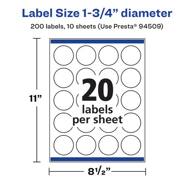 Avery Laser/Inkjet Round Multipurpose Labels, 1.75" Dia., Clear, 200 Labels/Pack (94509)