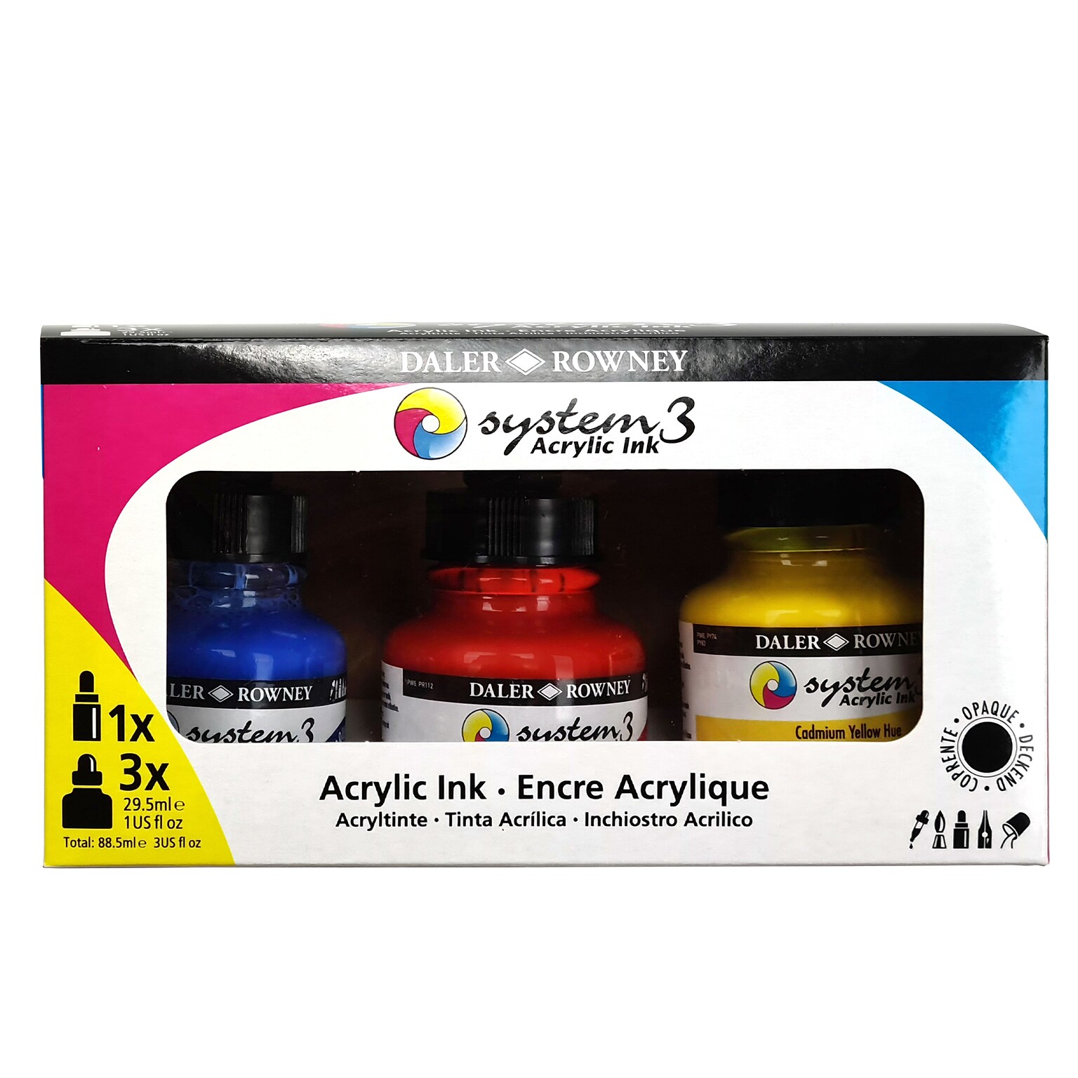 Daler-Rowney System3 Acrylic Ink, Assorted Colors, 29.5ml, 4/Set (DRW161100003)