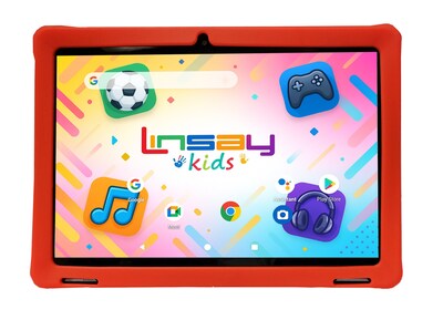 LINSAY F10 Series 10.1 Tablet, Wi-Fi, Octa Core, 256GB eMMC, Android 15, Red Kids Defender Case & Backpack (F10IPGKIDSREBAPLUS)