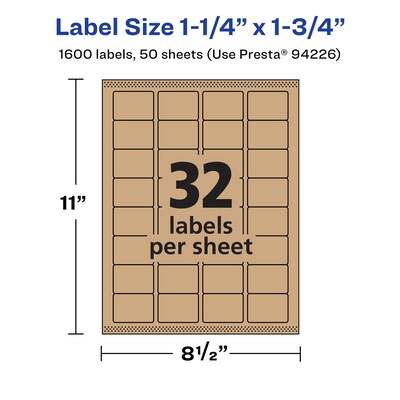 Avery Laser/Inkjet Rectangle Multipurpose Labels, 1.25" x 1.75", Kraft Brown, 1600 Labels/Box ( 94226)