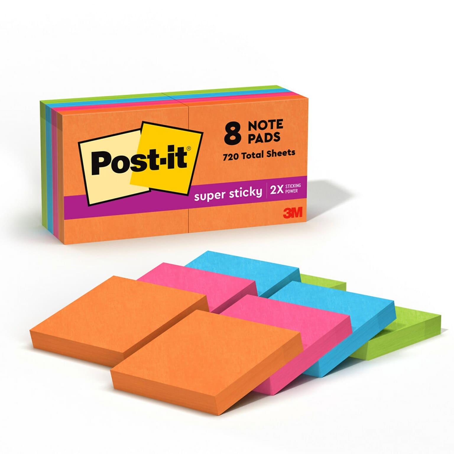 Post-it Super Sticky Notes, 2 x 2, Energy Boost Collection, 90 Sheet/Pad, 8 Pads/Pack (6228SSAU)
