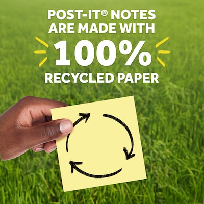 Post-it Greener Recycled Notes, 3" x 5", Canary Collection, 100 Sheet/Pad, 12 Pads/Pack (655RPYW)