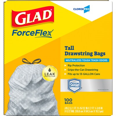 CloroxPro Glad ForceFlex 13 Gallon Tall Kitchen Trash Bag, 23.75" x 24.88", Low Density, .72 mil, Gray, 100/Box (70427)