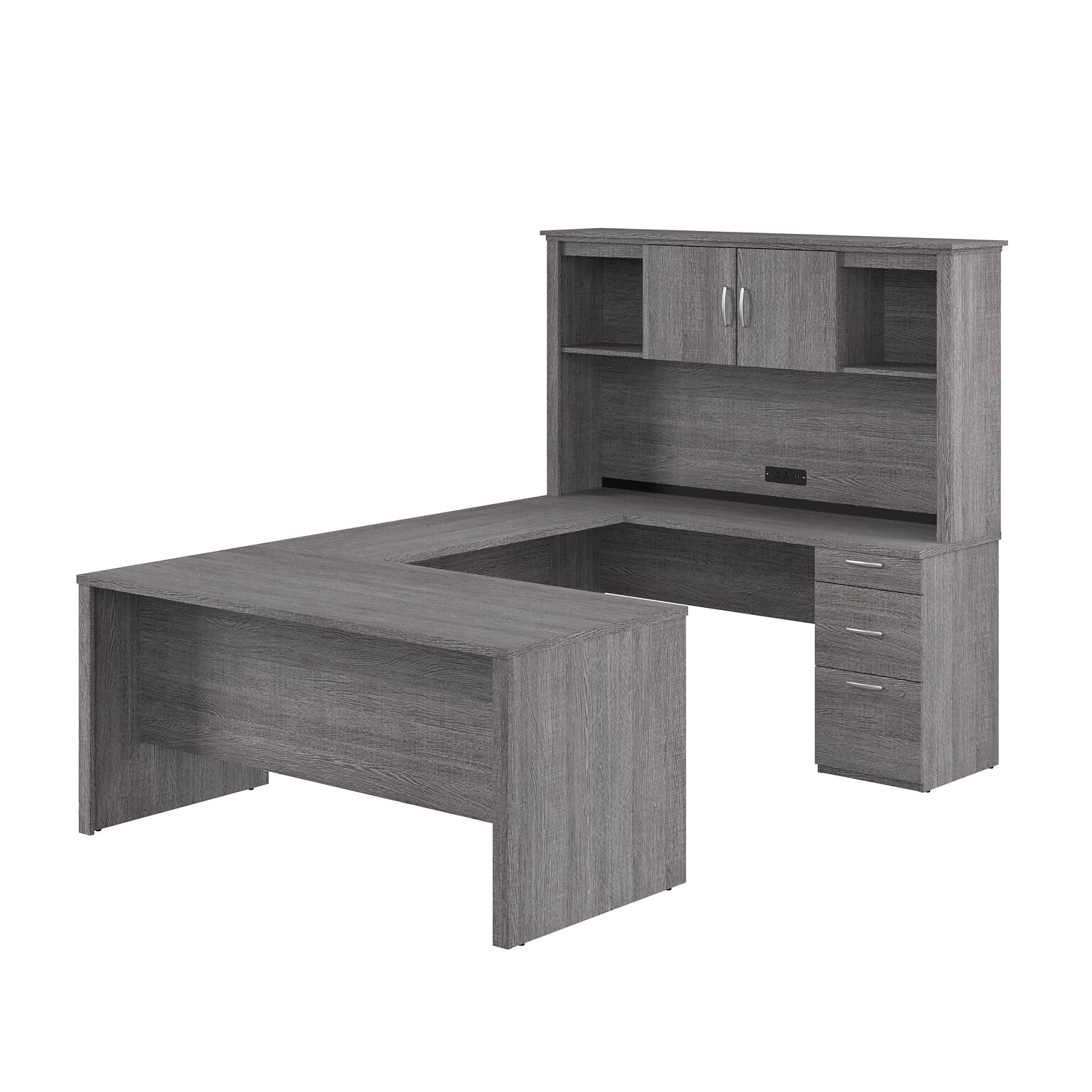 Bestar Logan 66W U or L Shaped Desk with Drawers and Hutch, Bark Grey (46410-47)