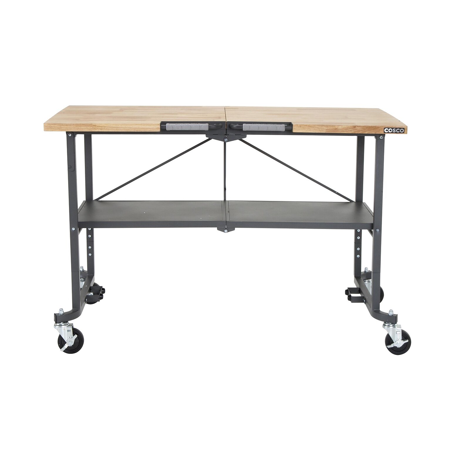 Cosco SmartFold Butcher Block Portable Workbench/Folding Utility Table w/ Locking Casters, 700 lb. Capacity, Brown (66765DKG1E)