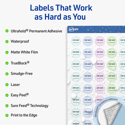 Avery Waterproof Round Laser Multipurpose Labels, 0.75 Dia., White, 2000/Pack (19479399417)