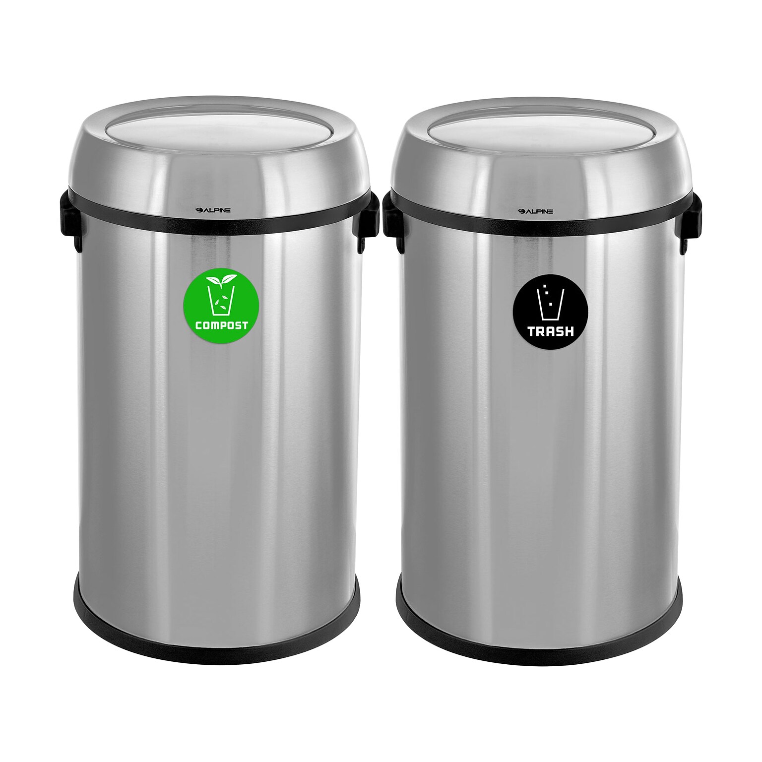 Alpine Industries Stainless Steel Indoor Compost and Trash Can with Swivel Lid, 34 Gallon, Silver, 2/Pack (ALP470-65L-1-CO-T)