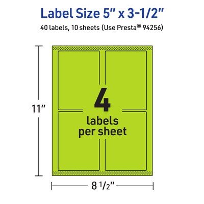 Avery Laser/Inkjet Multipurpose Rectangle Labels, 5" x 3.5", Bright Green, 40/Pack (94256)