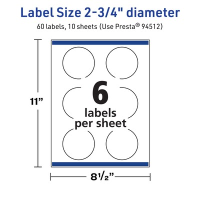 Avery TrueBlock Laser/Inkjet Circle Multipurpose Labels, 2.75" Dia., White, 60/Pack (94512)
