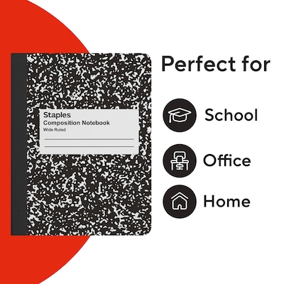 STAPLES Composition Notebook, 9.75” x 7.5”, Wide Ruled, 100 Sheets, Marble Black