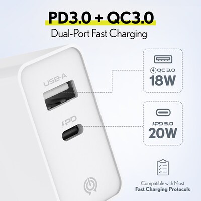 Delton Overtime USB-A/USB-C Wall Charger, 20W, White (DH2USB2A)