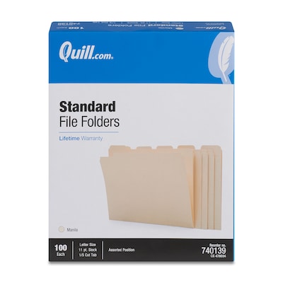 Quill Brand® File Folders, 1/5-Cut Assorted, Letter Size, Manila, 100/Box (740139)