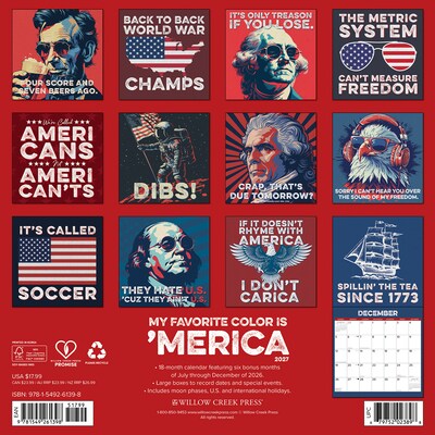 2027 Willow Creek My Favorite Color is Merica 12 x 12 Monthly Wall Calendar, Assorted Colors (61398)