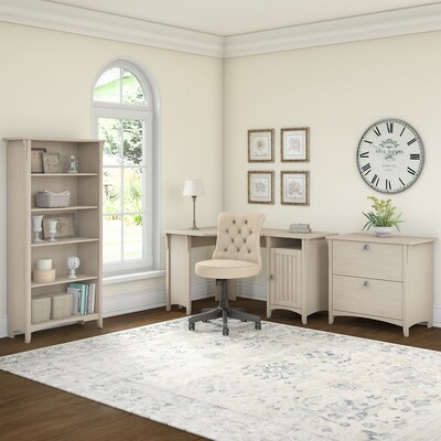 Bush Furniture Salinas 55"W Corner Desk with Lateral File Cabinet and 5 Shelf Bookcase, Antique White (SAL013AW)