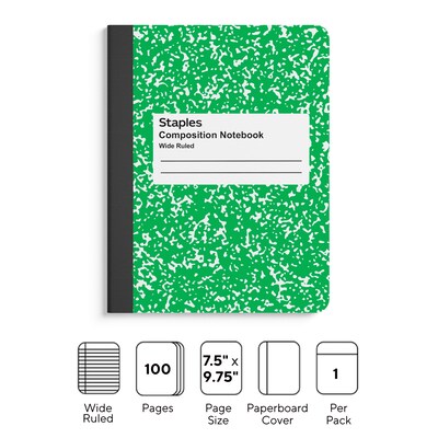 Staples® Composition Notebook, 7.5 x 9.75, Wide Ruled, 100 Sheets, Green (ST55074)