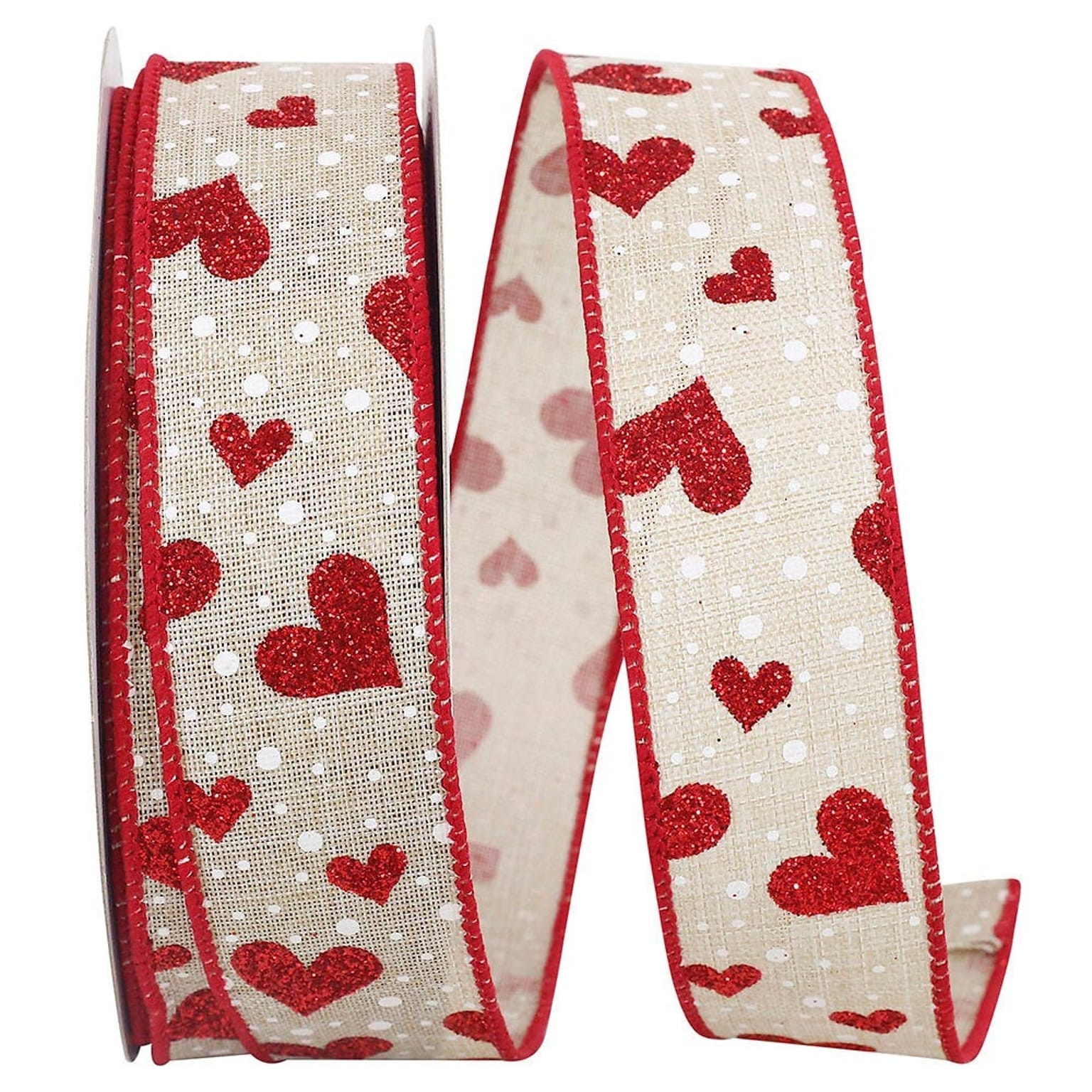 JAM Paper Hearts Glitter Ribbon, Natural/Red (52640340704)