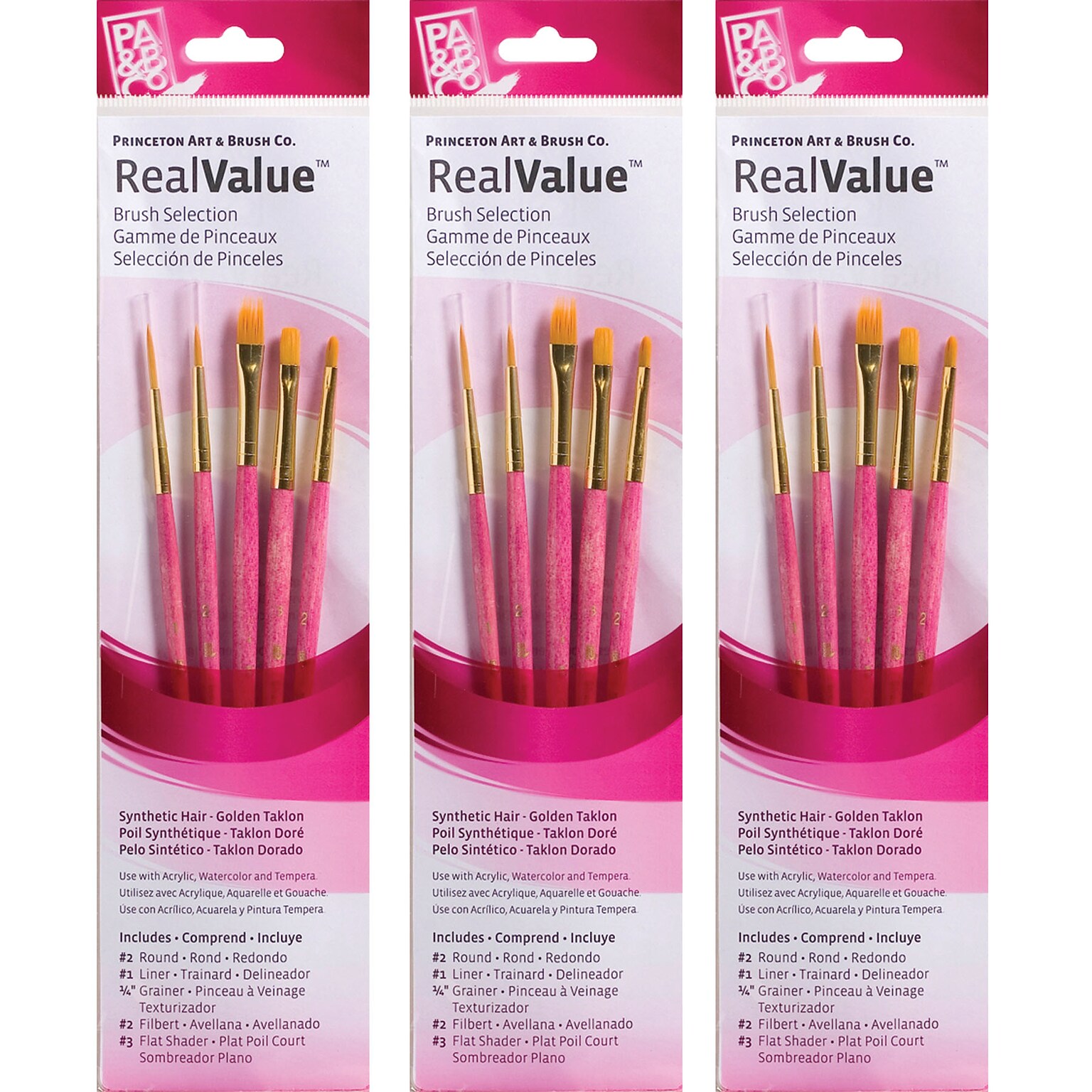 Princeton RealValue Mixed Media Gold Synthetic Taklon Brush, Pink, 5/Set, 3 Sets/Bundle (PBXPR9184-3)