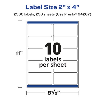 Avery Laser/Inkjet Rectangle Multipurpose Labels, 2" x 4", White, 2500 Labels/Box (94207)