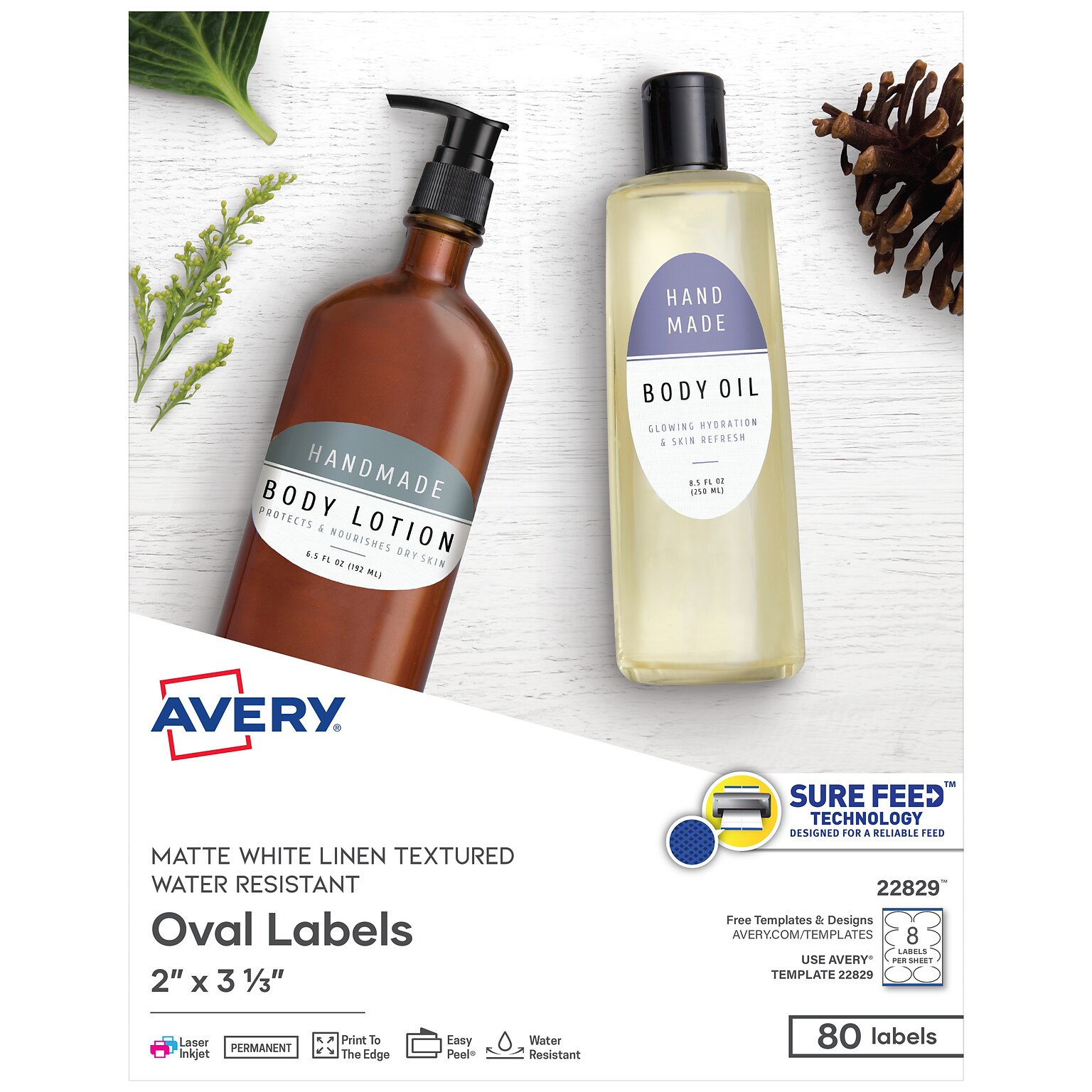 Avery Print-to-the-Edge Laser/Inkjet Oval Labels, 2 x 3-1/3, Textured White, 80 Labels/Pack (22829)