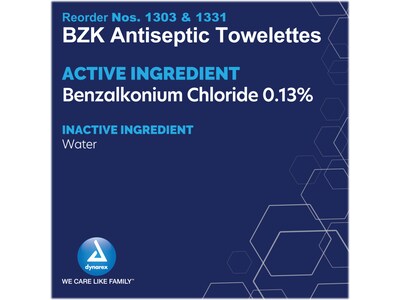 Dynarex 0.13% Benzalkonium Chloride Antiseptic Wipe, 100/Pack, 5 Packs/Case (1303)