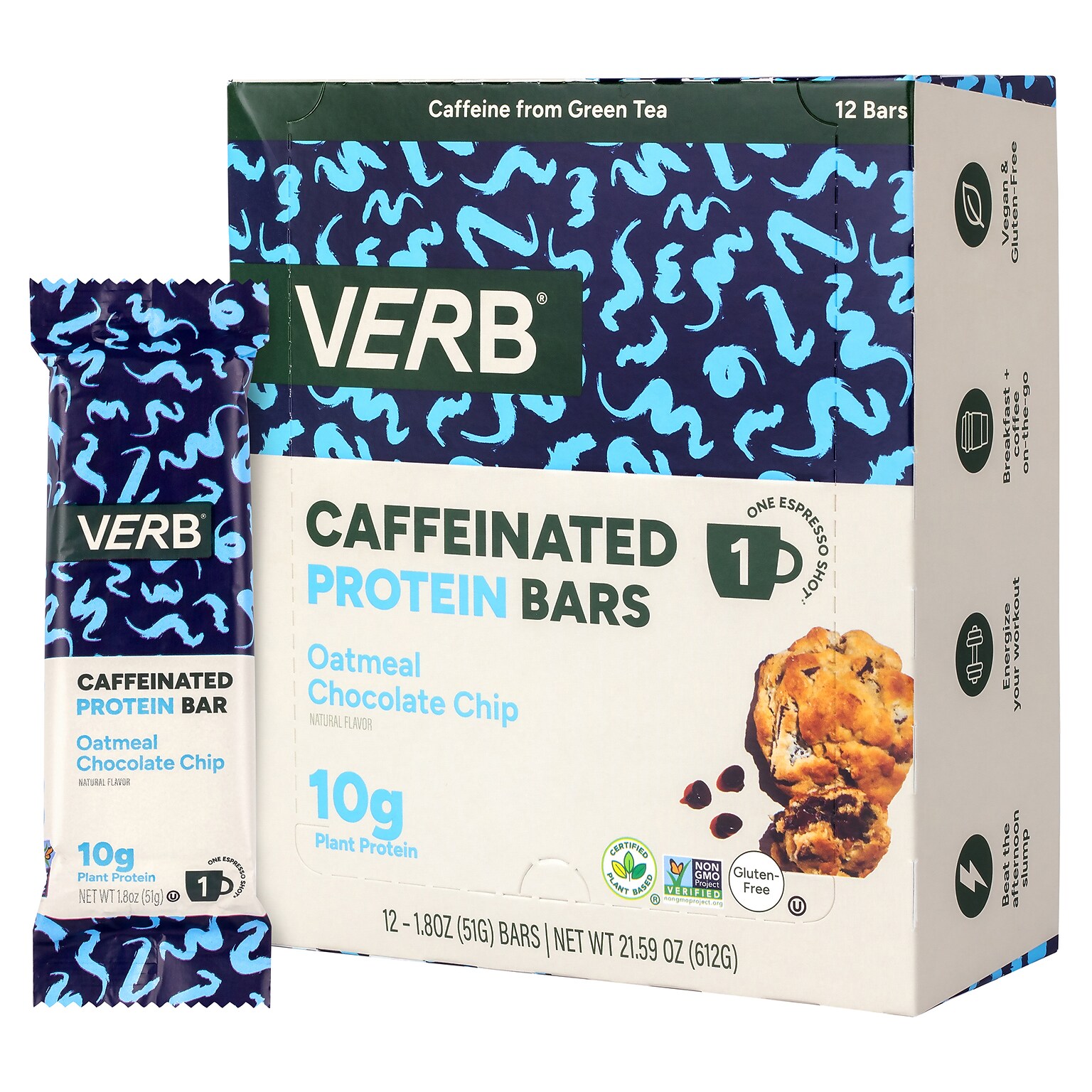 VERB Caffeinated Gluten Free Oatmeal Chocolate Chip Protein Bar, 1.8 oz., 12/Pack (220-02523)