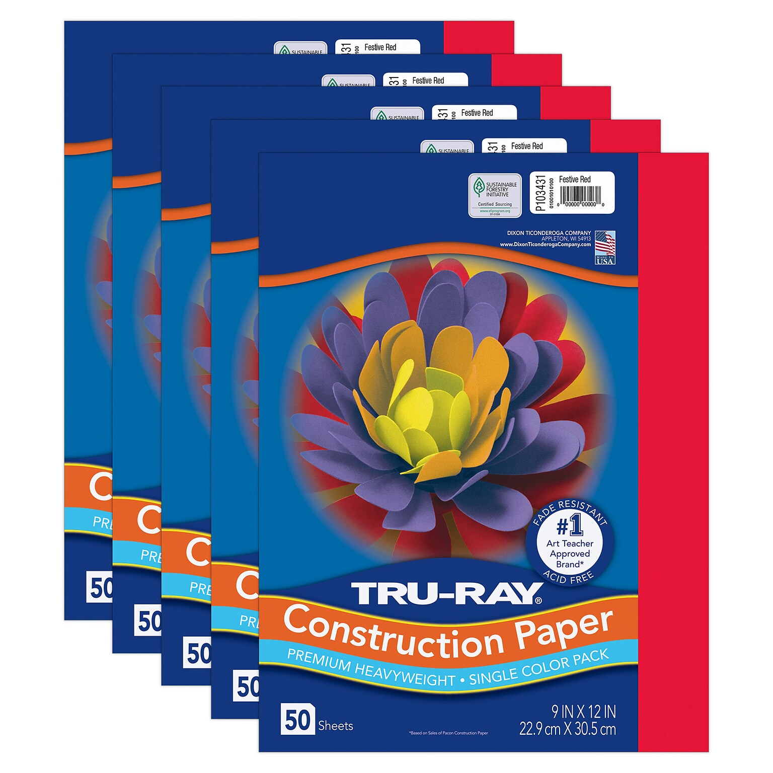 Tru-Ray 9 x 12 Construction Paper, Red, 50 Sheets/Pack, 5 Packs/Bundle (PAC103431-5)
