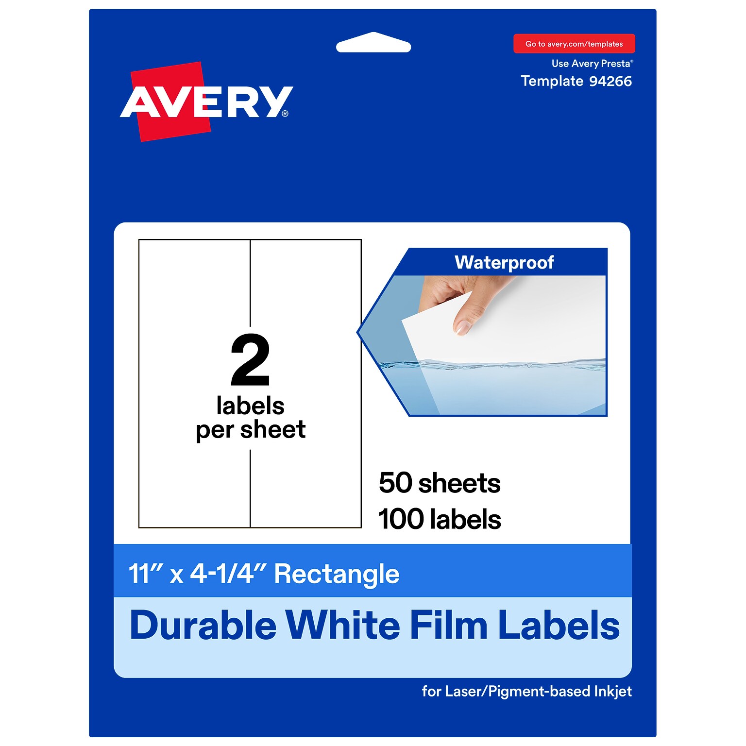 Avery Laser/Inkjet Rectangle Waterproof Multipurpose Labels, 4.25  x 11, White, 100/Box (94266)