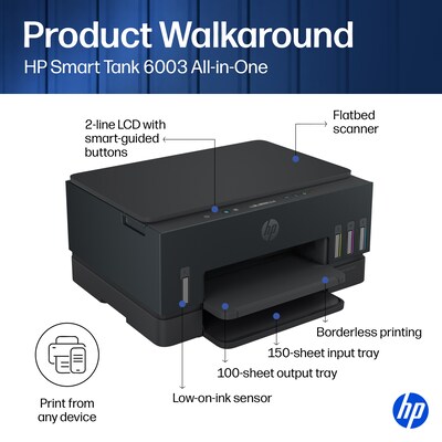 HP Smart Tank 6003 Wireless All-in-One Supertank Printer, Up to 3 Years of Ink Included (D35XXA)
