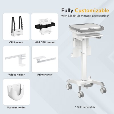 Mount-It! MedHub Powered Height-Adjustable Medical Cart Workstation with Power Kit & Built-In Power Strip, White/Gray (MI-16056)