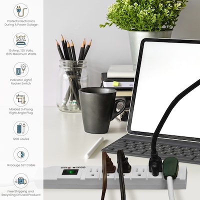 GoGreen Power 15' Surge Protector, 6 Outlets, White (GG-16315-15)