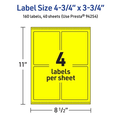 Avery Laser/Inkjet Multipurpose Rectangle Labels, 4.75" x 3.75", Neon Yellow, 160/Pack (94254)