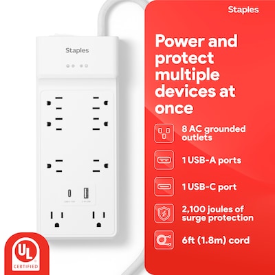 Staples TECH 8-Outlet 2-USB Port Surge Protector, 6', 2100 Joules, White (ST62775)
