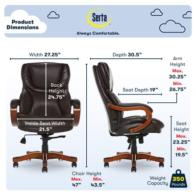 Serta Big and Tall Ergonomic Bonded Leather Big & Tall Chair, 350 lb. Capacity, Light Brown (43506A)