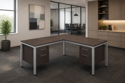 Boss Office Products Simple System 66W L-Shaped Desk with 2-Pedestals, Driftwood (SGSD004-202)