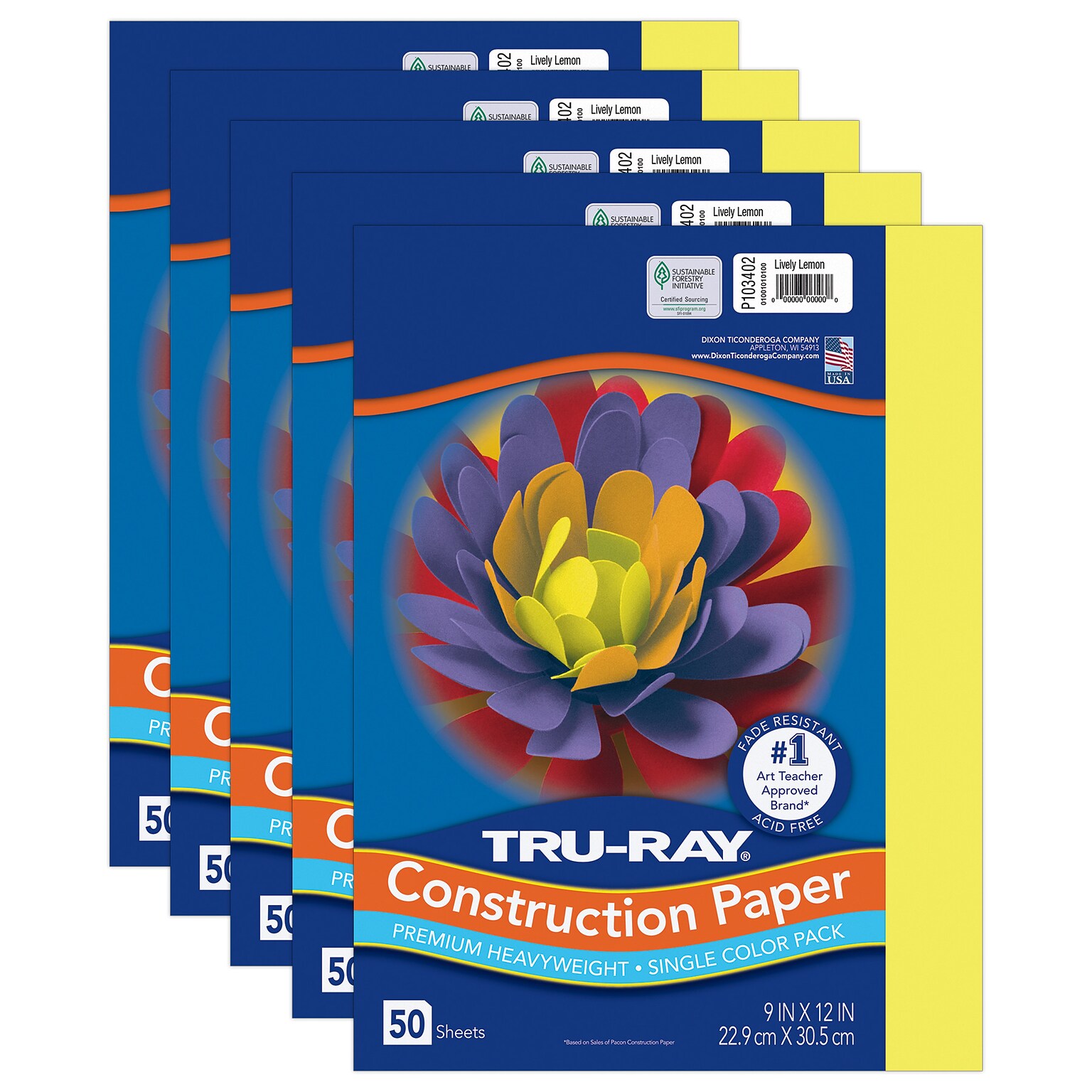 Tru-Ray 9 x 12 Construction Paper, Lively Lemon, 50 Sheets/Pack, 5 Packs/Bundle (PAC103402-5)