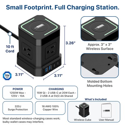 Uncaged Ergonomics Wireless Cube Power Strip with 15W Wireless Charger, 4 AC Outlets, 4 USB Ports, 10' Cord, Black (WC-10-B)