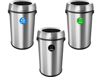 Alpine Industries Stainless Steel Recycling, Trash and Compost Station with Open Lid, 51 Gallon, 3/Pack (ALP470-65L-R-T-CO)