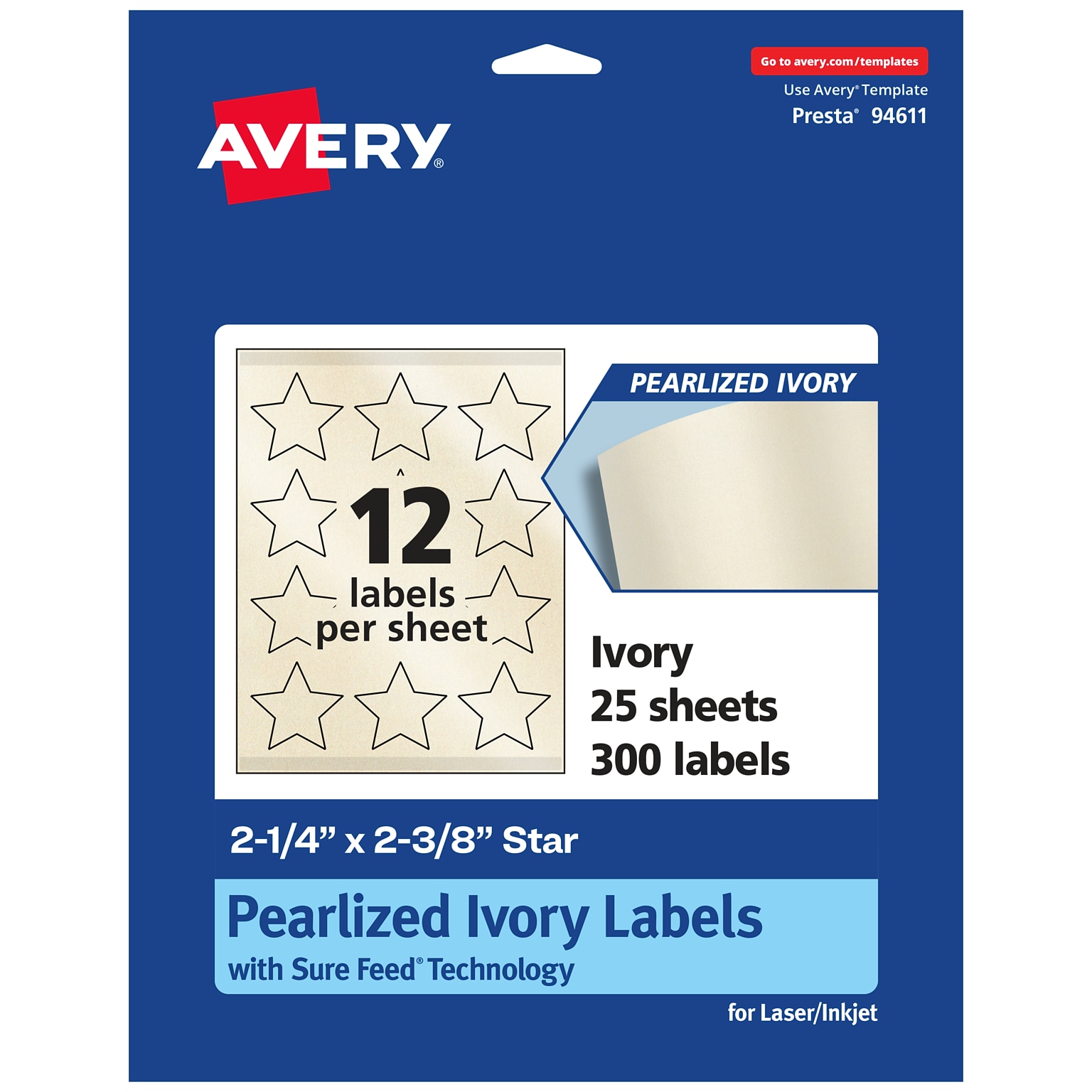 Avery Pearlized Ivory Burst Multipurpose Labels, 2-1/4 x 2-3/8, Ivory, 300/Pack (94611)