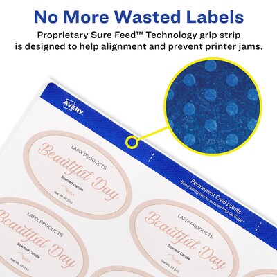 Avery Print-to-the-Edge Laser/Inkjet Oval Labels, 2" x 3-1/3", White, 8 Labels/Sheet, 25 Sheets/Pack, 200 Labels/Pack (22570)