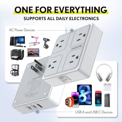 Overtime E63 7-in-1 Wall Outlet Surge Protector Extender with 4 AC Outlets, 2 USB-A & 1 USB-C Ports, White (OWPE63WH)