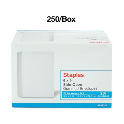 Staples® Gummed Flap Side-Opening Booklet Envelopes; 6" x 9", White Wove, 250/Box (472852/19306)