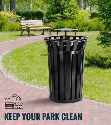 Alpine Industries Metal Outdoor Trash Can with Rain Bonnet Lid and Liner, 38 Gallon, Black (479-38-1